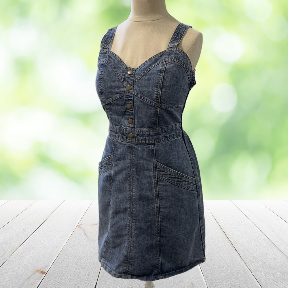 JAPNA Denim Dress Corset Bustier Smocked Pockets Coquette Blue Womens M